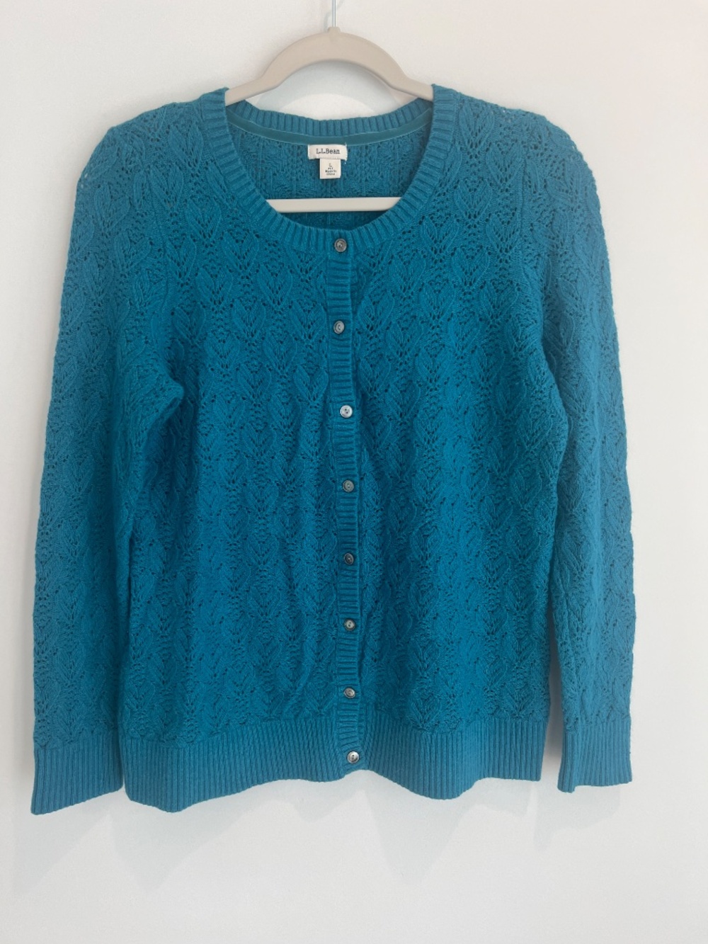 LL Bean Teal Pointelle Knit Button Front Cardigan Sweater Petite Large PL